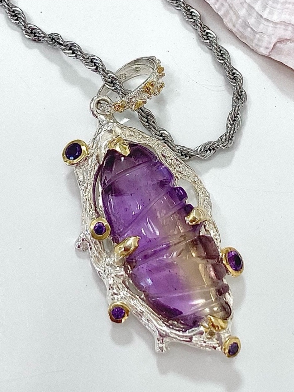 Artist Designed Ametrine Woodland Sterling Silver & 14kt Gold Pendant